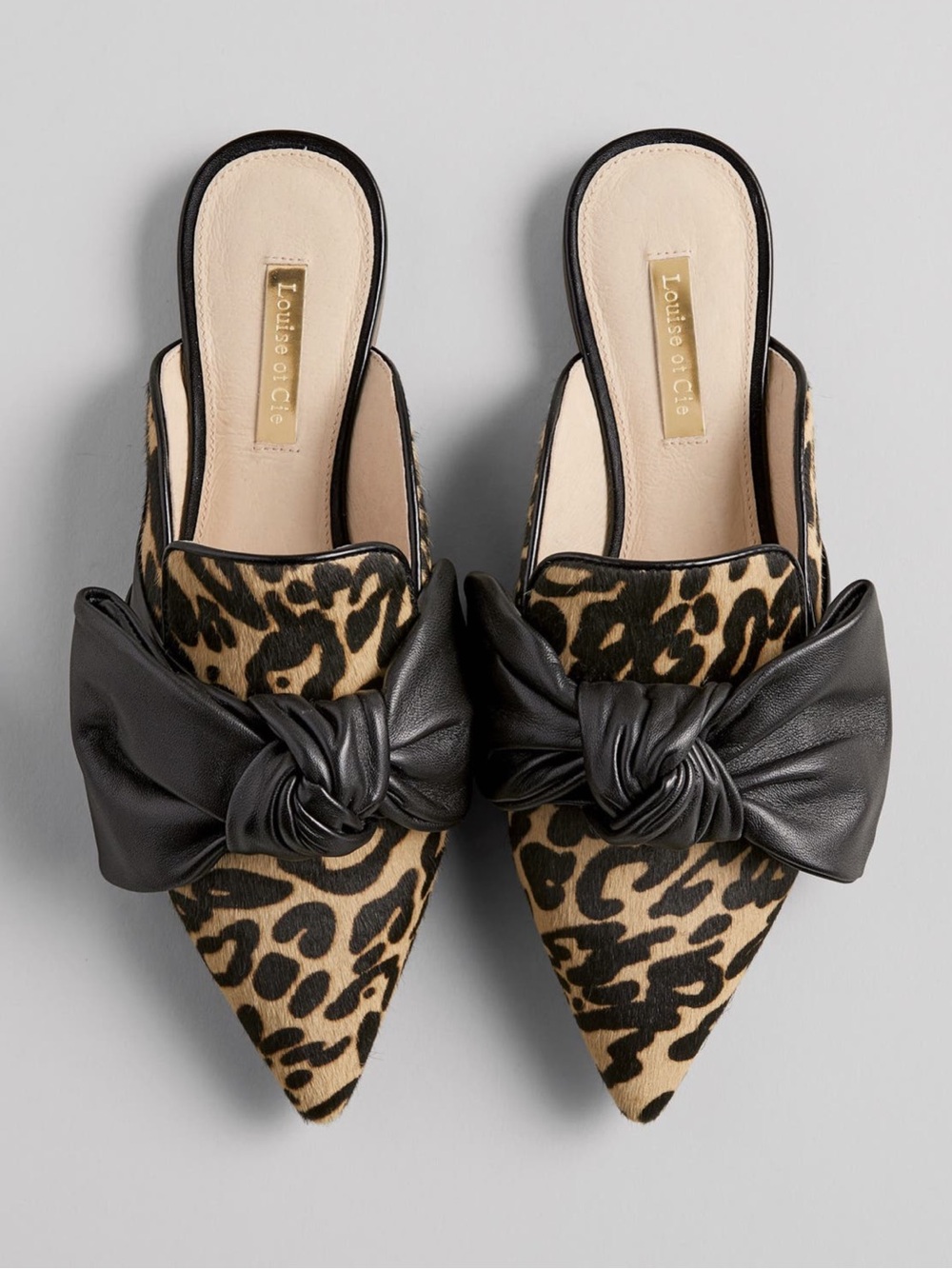 Louise et Cie “Cela” Bow Black & Leopard Calf Hair Pointed Toe Knot Mules - Picture 1 of 11